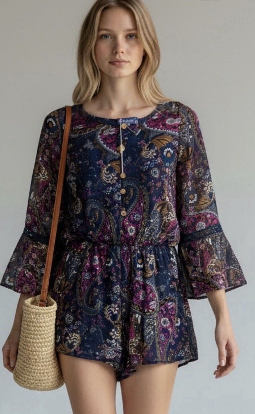 Truly Me by Sara Sara Girls Paisley Romper Navy Pink New With Tags . - Picture 2 of 8